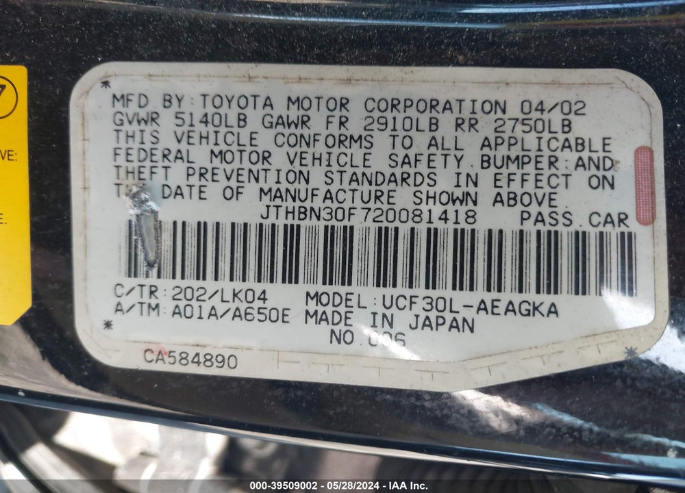 2002 LEXUS LS 430 VIN: JTHBN30F720081418