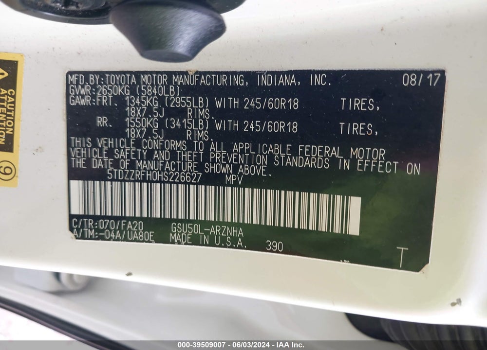 2017 TOYOTA HIGHLANDER LE PLUS VIN: 5TDZZRFH0HS226627