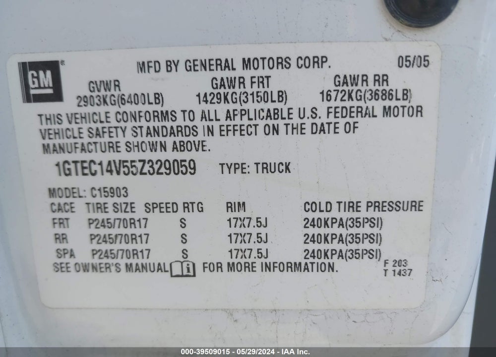2005 GMC NEW SIERRA C1500 VIN: 1GTEC14V55Z329059