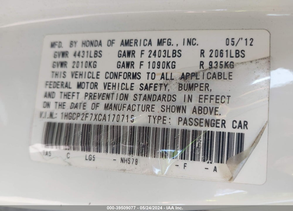 2012 HONDA ACCORD 2.4 EX VIN: 1HGCP2F7XCA170715