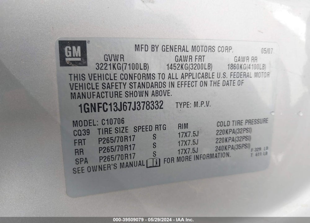 2007 CHEVROLET TAHOE LT VIN: 1GNFC13J67J378332