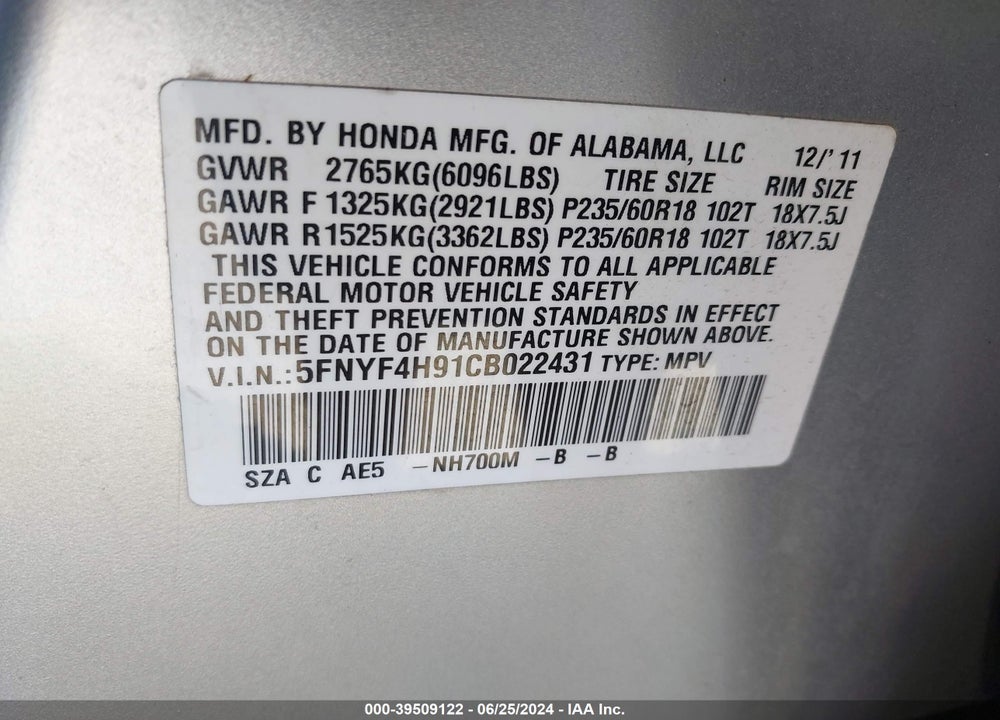 2012 HONDA PILOT TOURING VIN: 5FNYF4H91CB022431