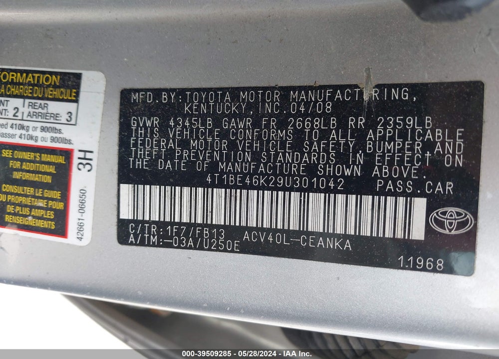 2009 TOYOTA CAMRY LE VIN: 4T1BE46K29U301042