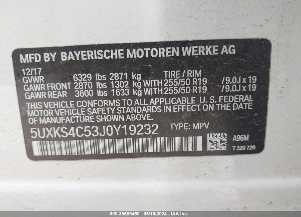 2018 BMW X5 XDRIVE35D VIN: 5UXKS4C53J0Y19232