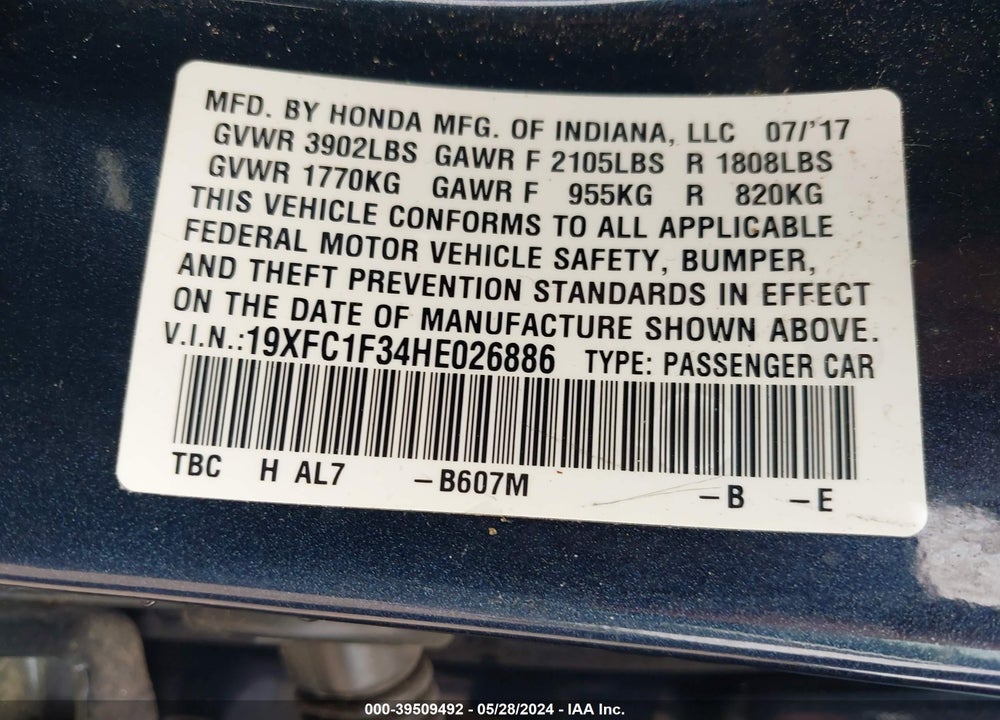 2017 HONDA CIVIC EX-T VIN: 19XFC1F34HE026886