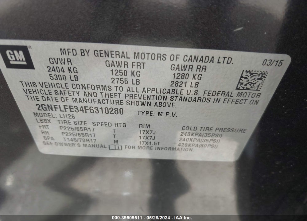 2015 CHEVROLET EQUINOX 1LT VIN: 2GNFLFE34F6310280