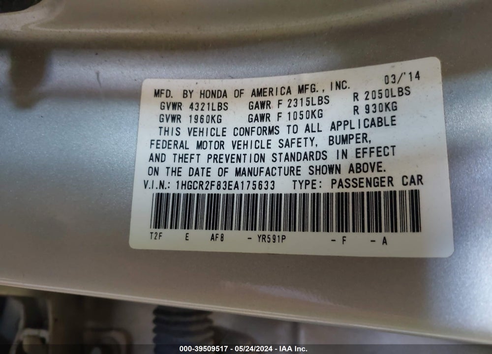 2014 HONDA ACCORD EX-L VIN: 1HGCR2F83EA175633