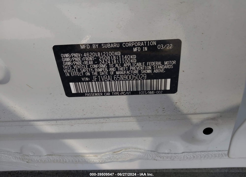2022 SUBARU WRX LIMITED VIN: JF1VBAL65N9005029