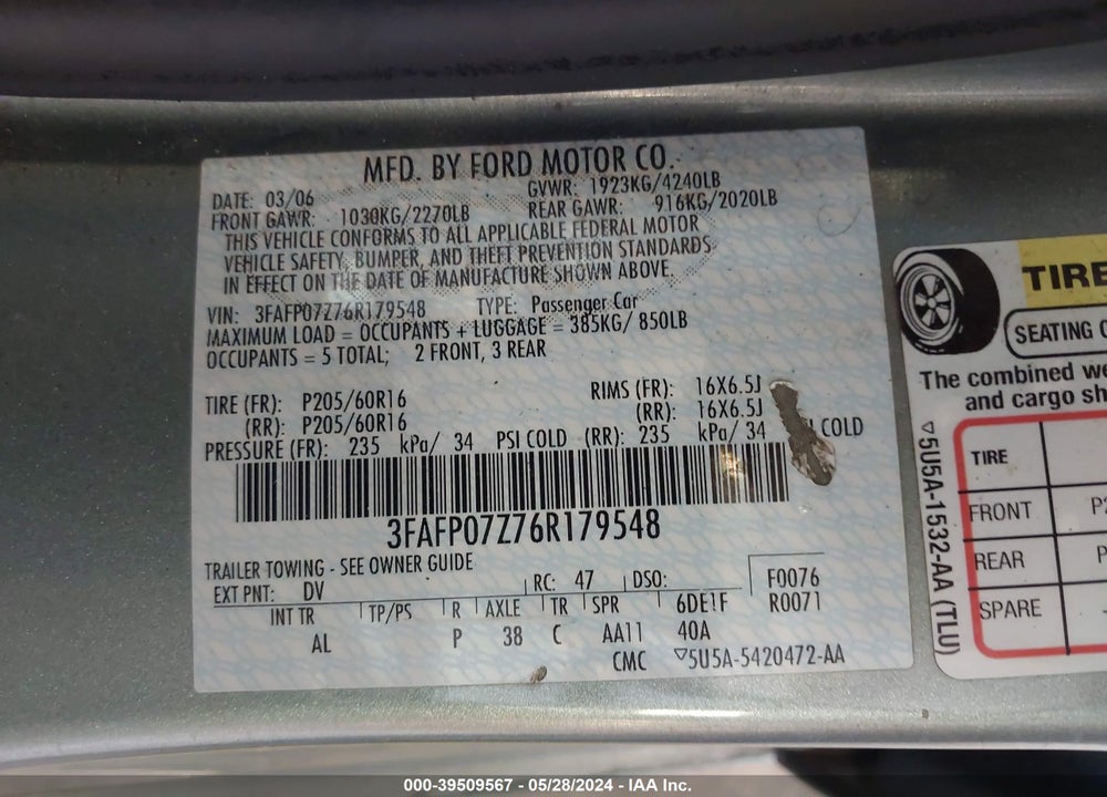 2006 FORD FUSION VIN: 3FAFP07Z76R179548