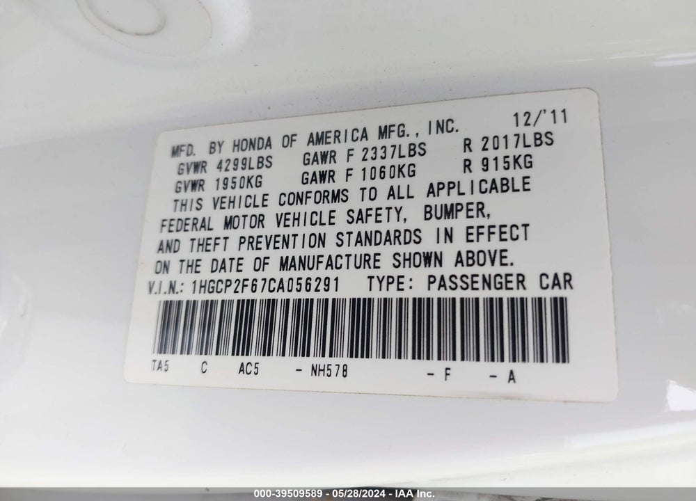 2012 HONDA ACCORD 2.4 SE VIN: 1HGCP2F67CA056291