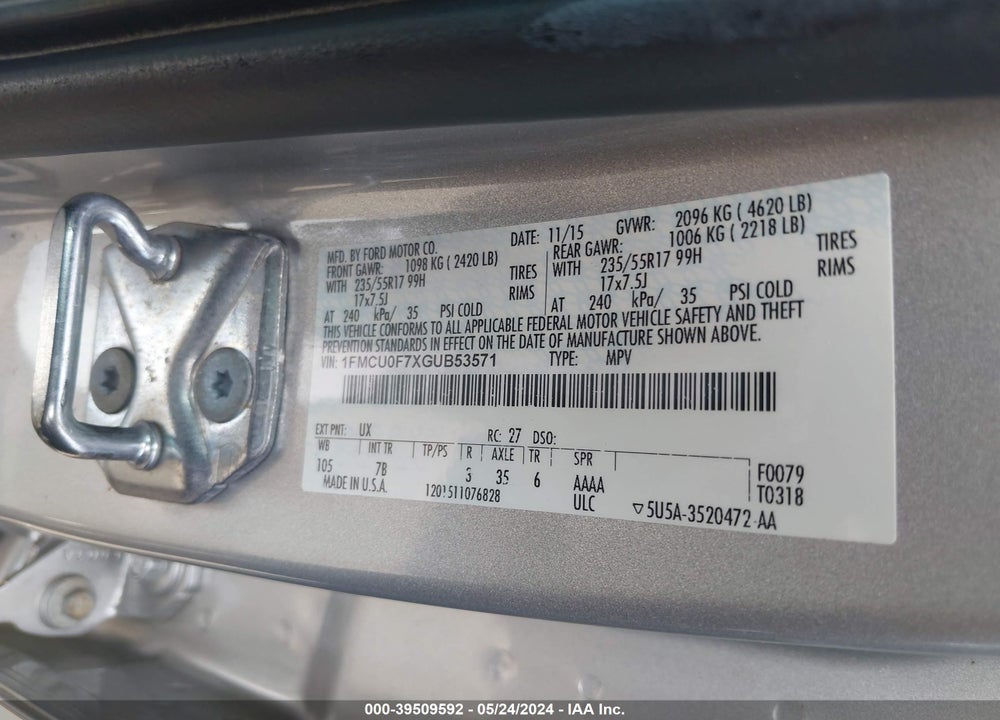 2016 FORD ESCAPE S VIN: 1FMCU0F7XGUB53571