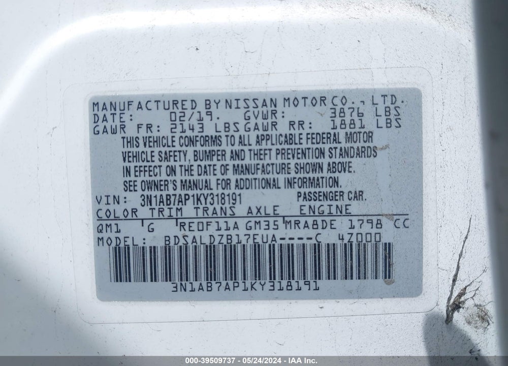 2019 NISSAN SENTRA SV VIN: 3N1AB7AP1KY318191