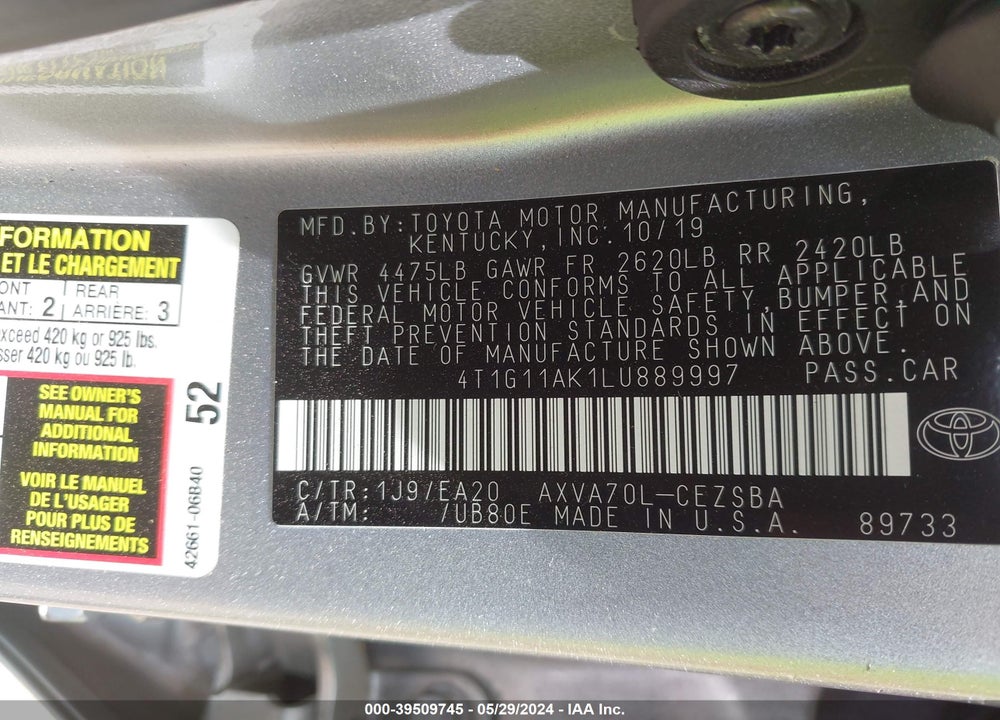 2020 TOYOTA CAMRY SE VIN: 4T1G11AK1LU889997