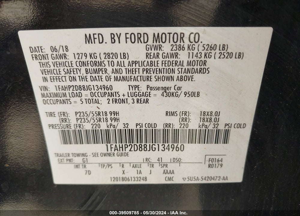 2018 FORD TAURUS SE VIN: 1FAHP2D88JG134960