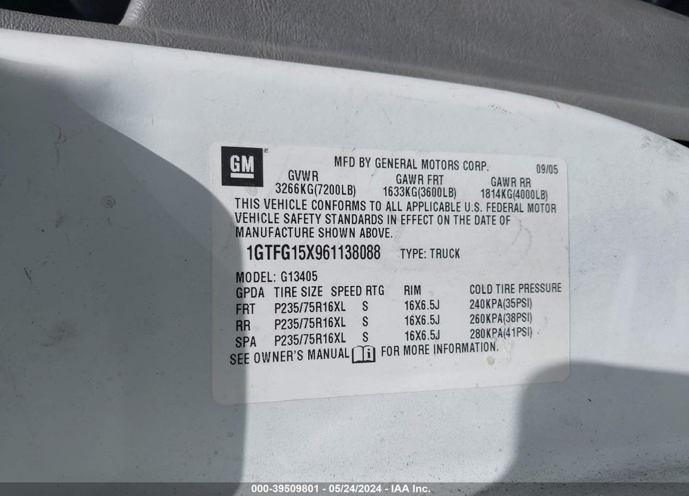 2006 GMC SAVANA WORK VAN VIN: 1GTFG15X961138088