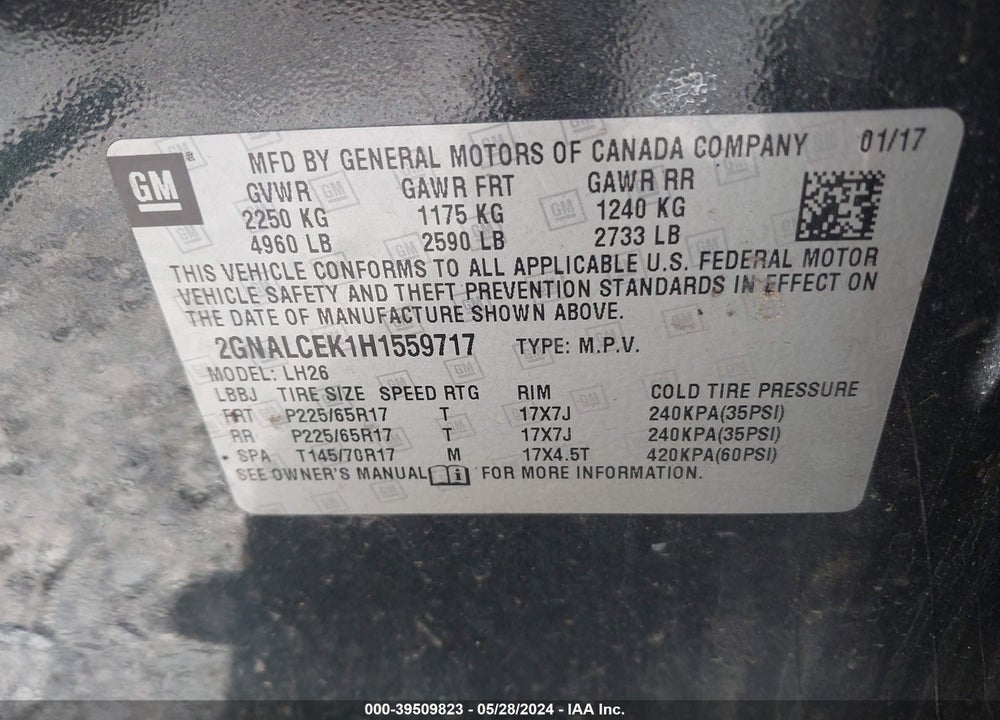2017 CHEVROLET EQUINOX LT VIN: 2GNALCEK1H1559717