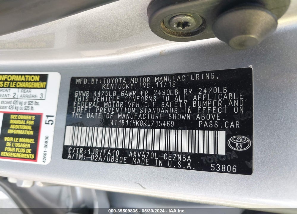2019 TOYOTA CAMRY L/LE/SE/XLE VIN: 4T1B11HK8KU715469