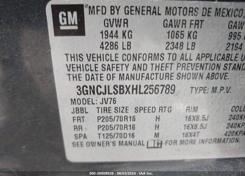 2017 CHEVROLET TRAX LT VIN: 3GNCJLSBXHL256789