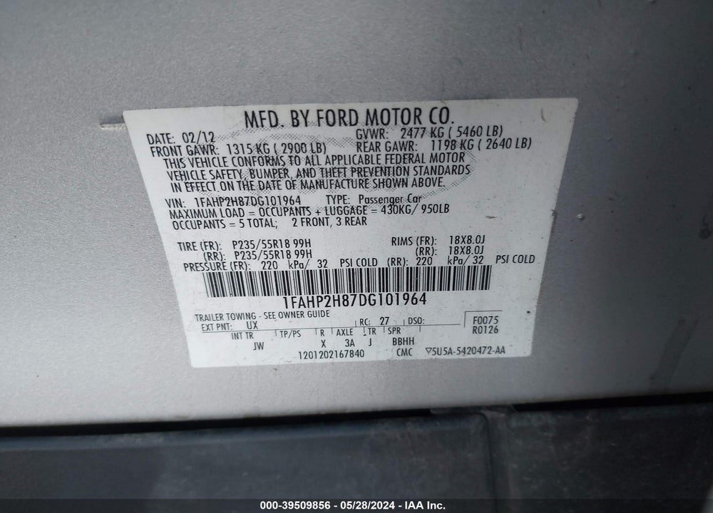 2013 FORD TAURUS SEL VIN: 1FAHP2H87DG101964