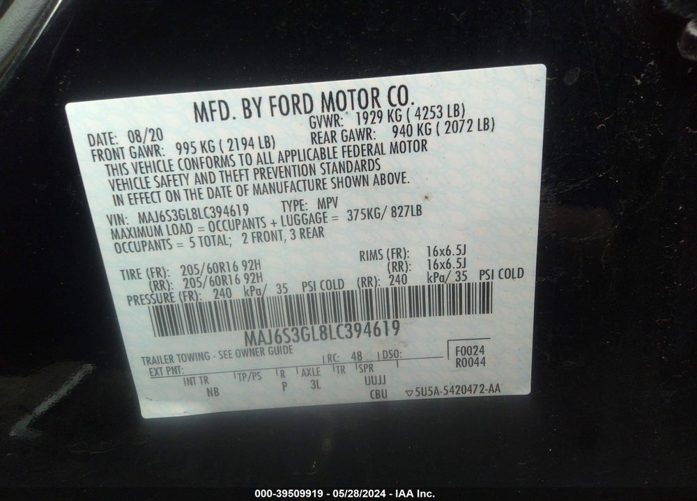 2020 FORD ECOSPORT SE VIN: MAJ6S3GL8LC394619