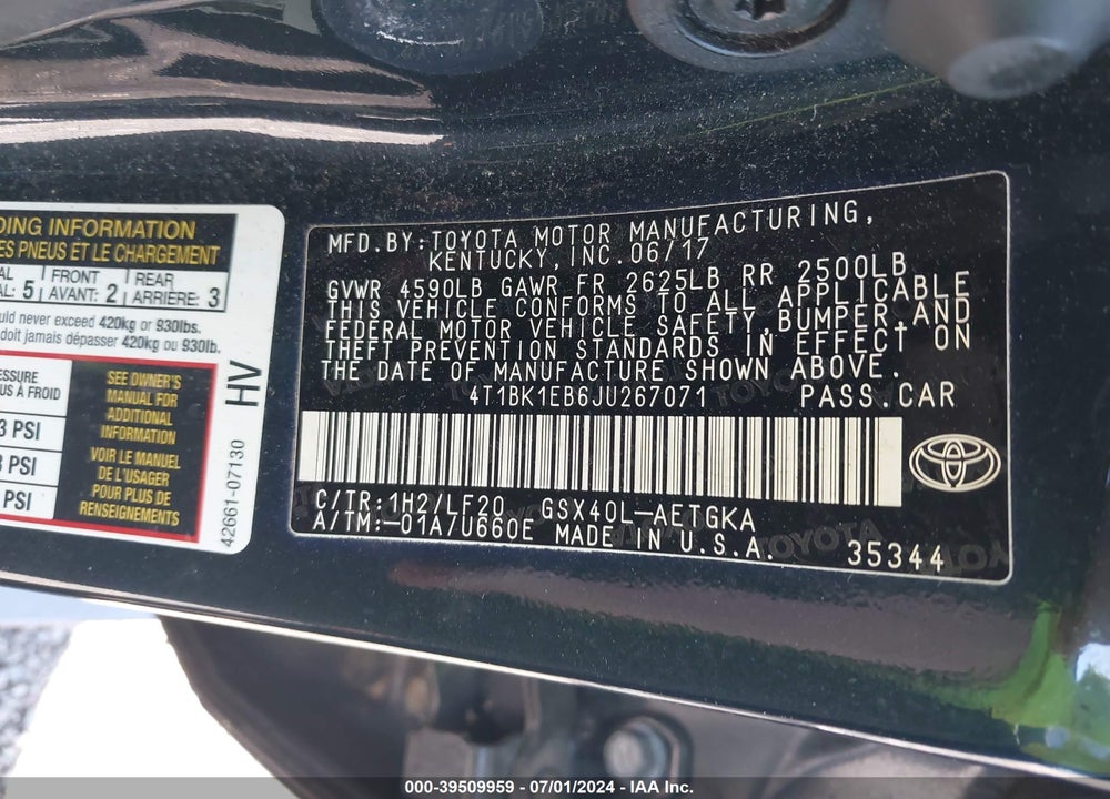 2018 TOYOTA AVALON VIN: 4T1BK1EB6JU267071
