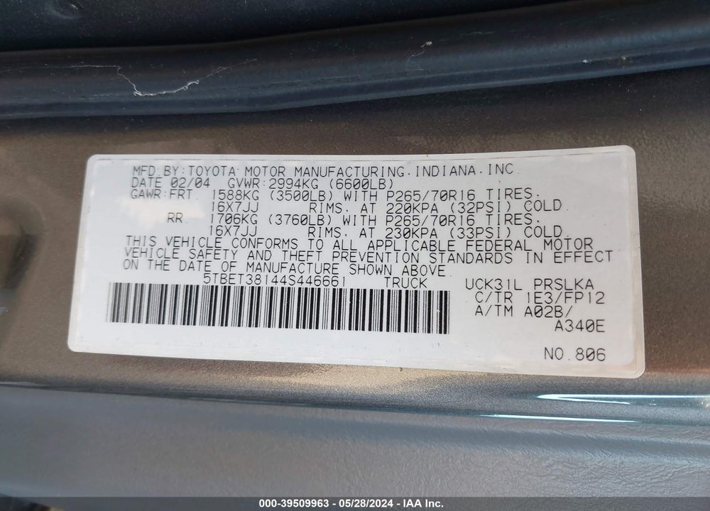 2004 TOYOTA TUNDRA LIMITED V8 VIN: 5TBET38144S446661