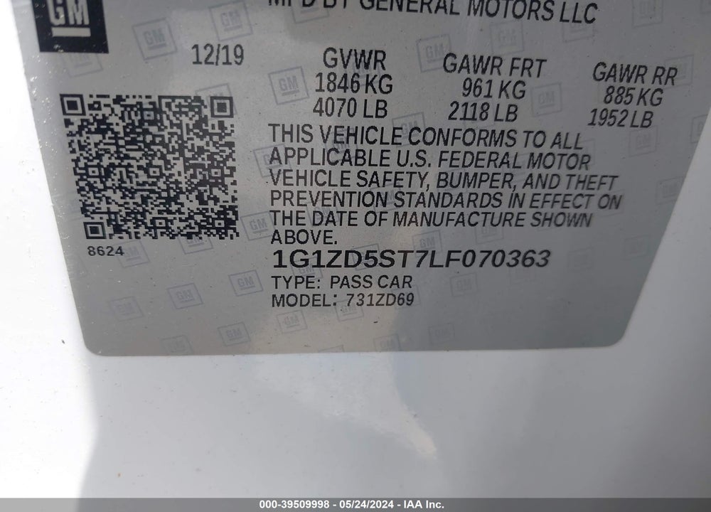 2020 CHEVROLET MALIBU FWD LT VIN: 1G1ZD5ST7LF070363