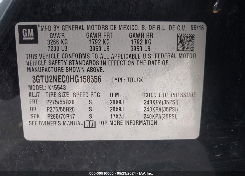 2017 GMC SIERRA 1500 SLT VIN: 3GTU2NEC0HG158356