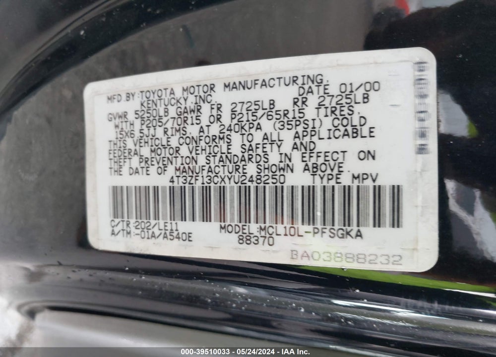 2000 TOYOTA SIENNA XLE VIN: 4T3ZF13CXYU248250