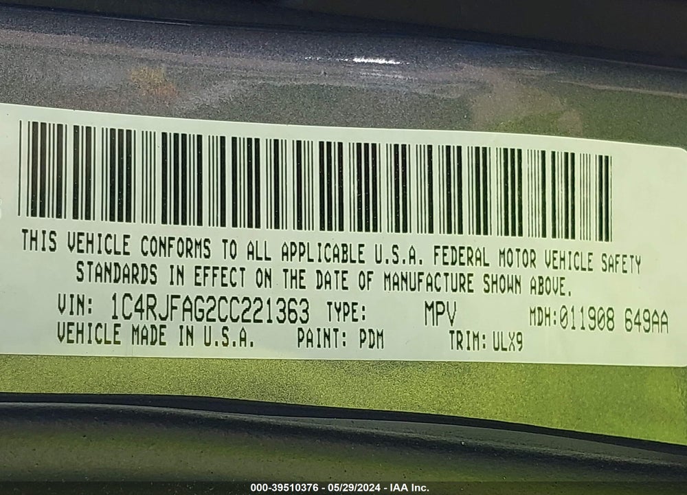 2012 JEEP GRAND CHEROKEE LAREDO VIN: 1C4RJFAG2CC221363