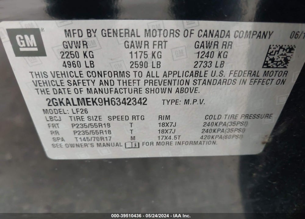 2017 GMC TERRAIN SLE-1 VIN: 2GKALMEK9H6342342