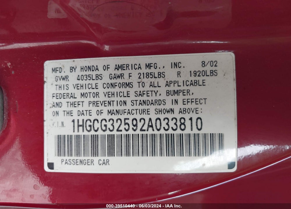 2002 HONDA ACCORD 2.3 EX VIN: 1HGCG32592A033810