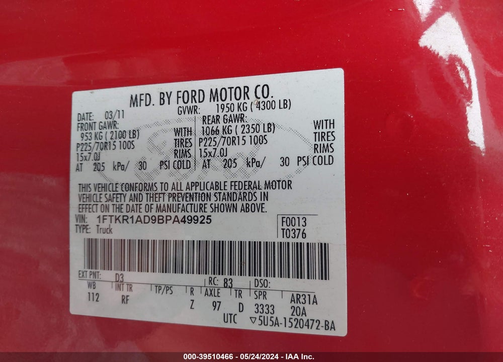 2011 FORD RANGER XL VIN: 1FTKR1AD9BPA49925