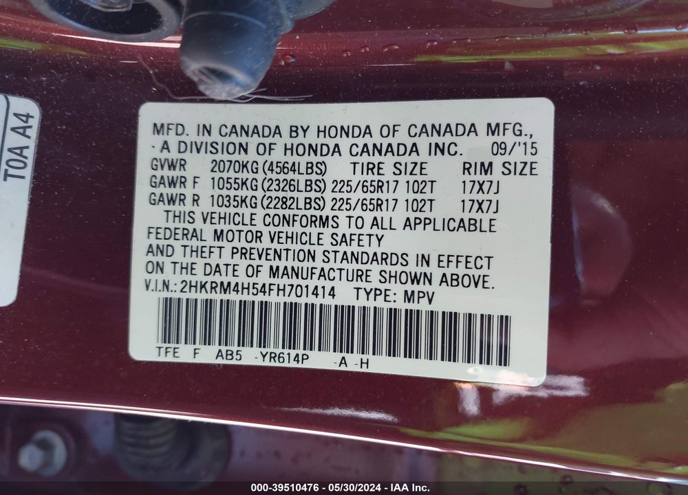 2015 HONDA CR-V EX VIN: 2HKRM4H54FH701414