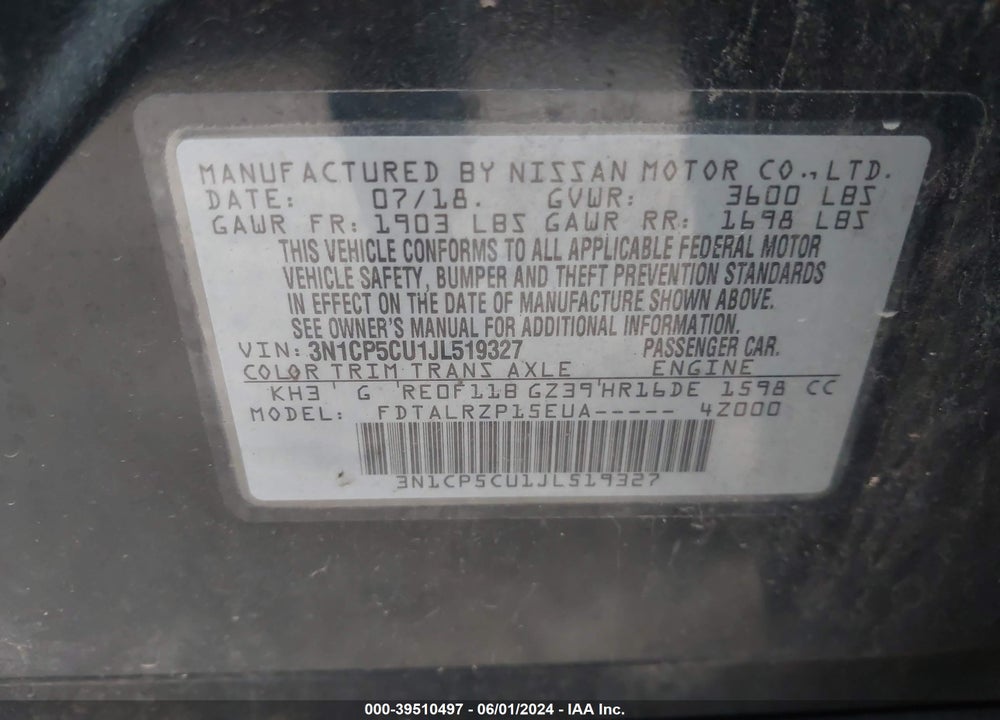 2018 NISSAN KICKS VIN: 3N1CP5CU1JL519327