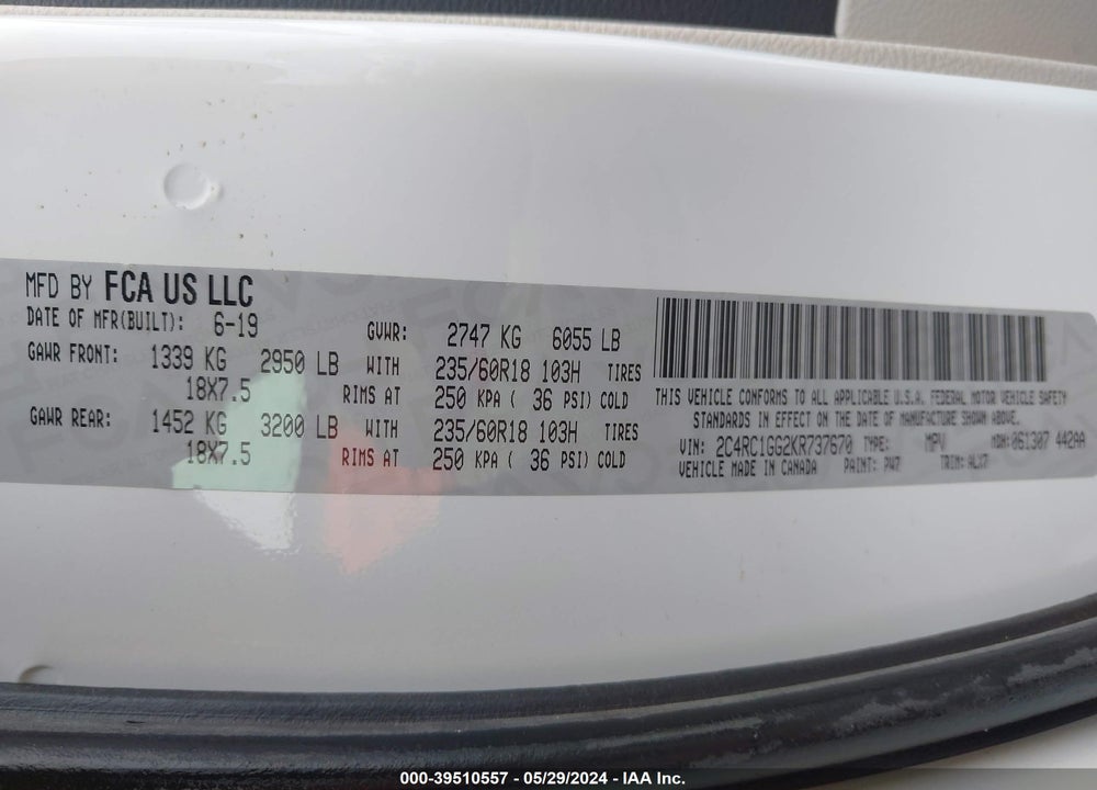 2019 CHRYSLER PACIFICA LIMITED VIN: 2C4RC1GG2KR737670