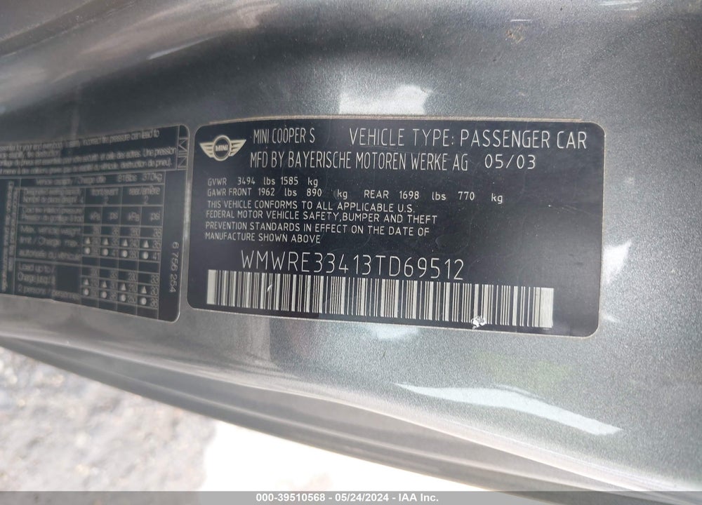 2003 MINI COOPER S VIN: WMWRE33413TD69512