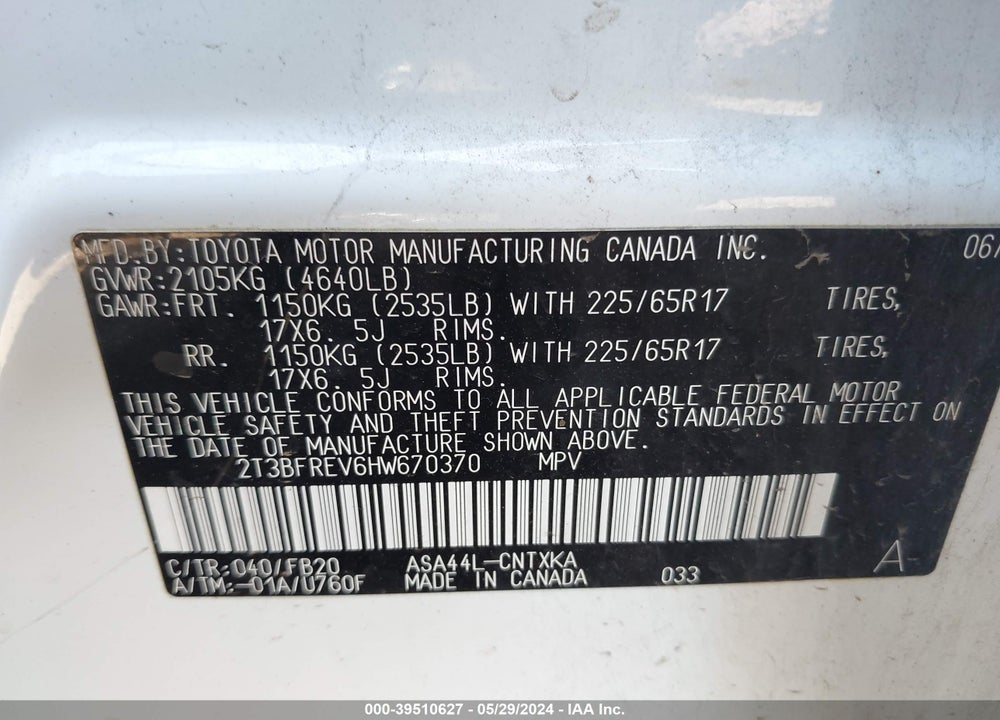 2017 TOYOTA RAV4 LE VIN: 2T3BFREV6HW670370