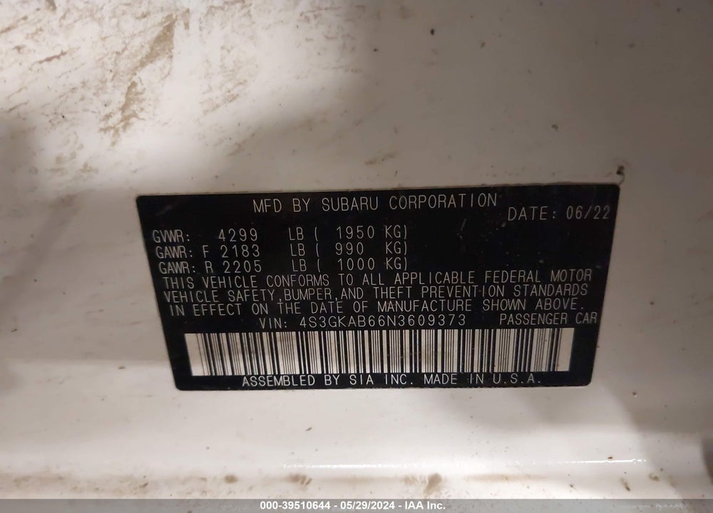 2022 SUBARU IMPREZA BASE VIN: 4S3GKAB66N3609373
