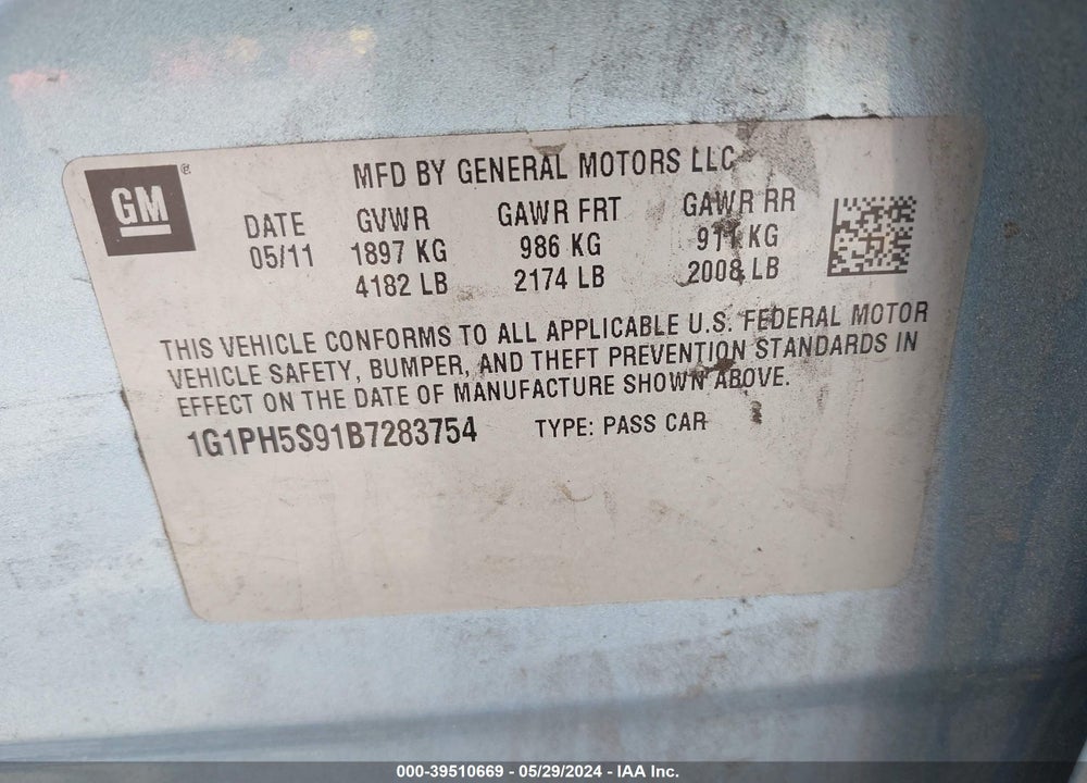 2011 CHEVROLET CRUZE VIN: 1G1PH5S91B7283754