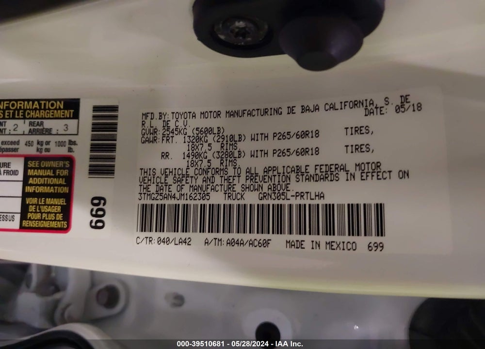 2018 TOYOTA TACOMA LIMITED VIN: 3TMGZ5AN4JM162305