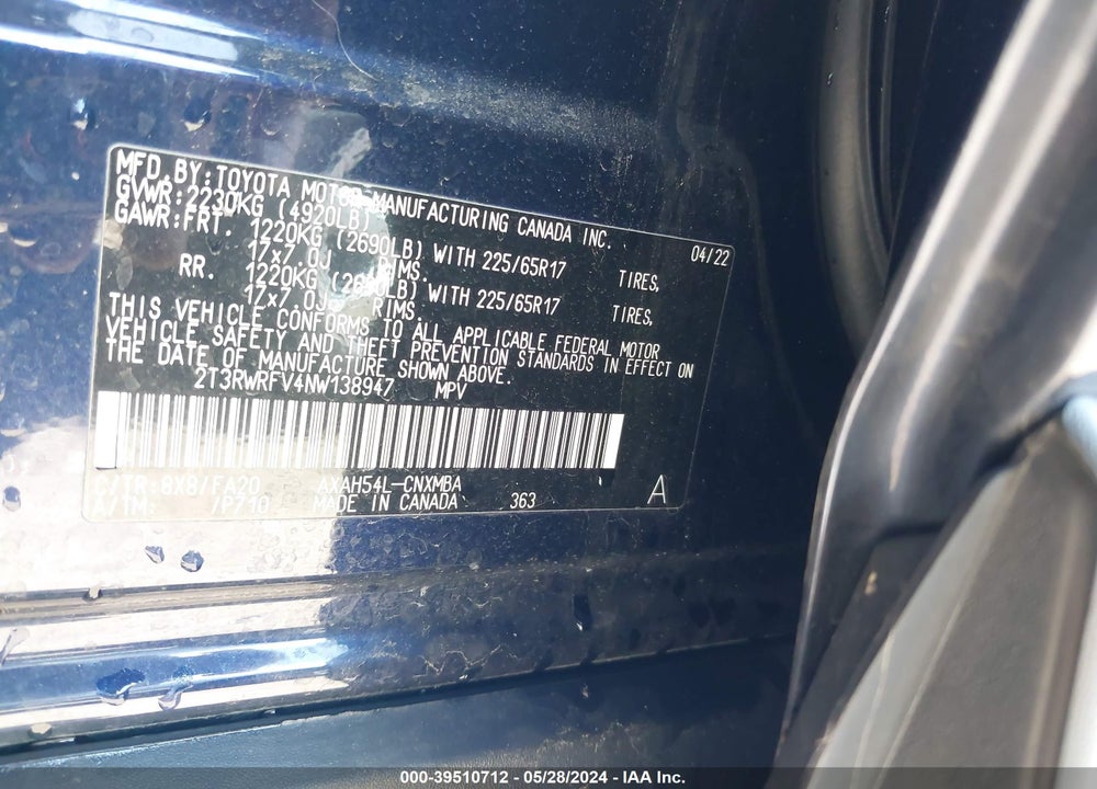 2022 TOYOTA RAV4 XLE HYBRID VIN: 2T3RWRFV4NW138947