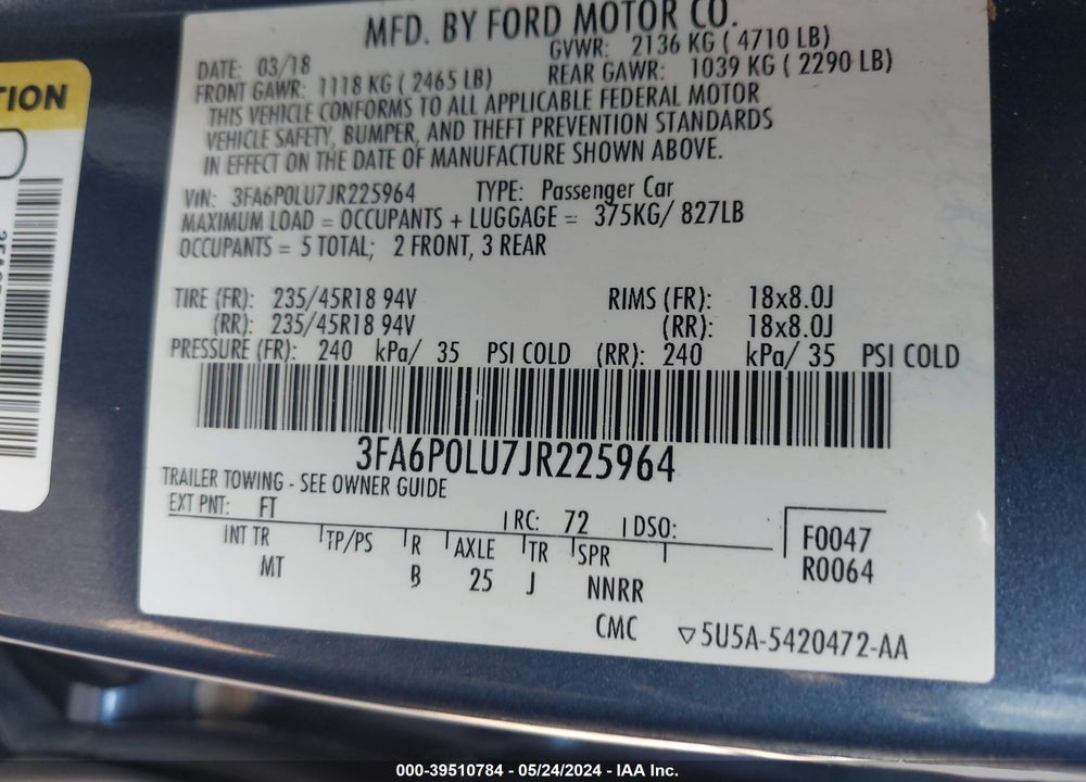 2018 FORD FUSION HYBRID SE VIN: 3FA6P0LU7JR225964