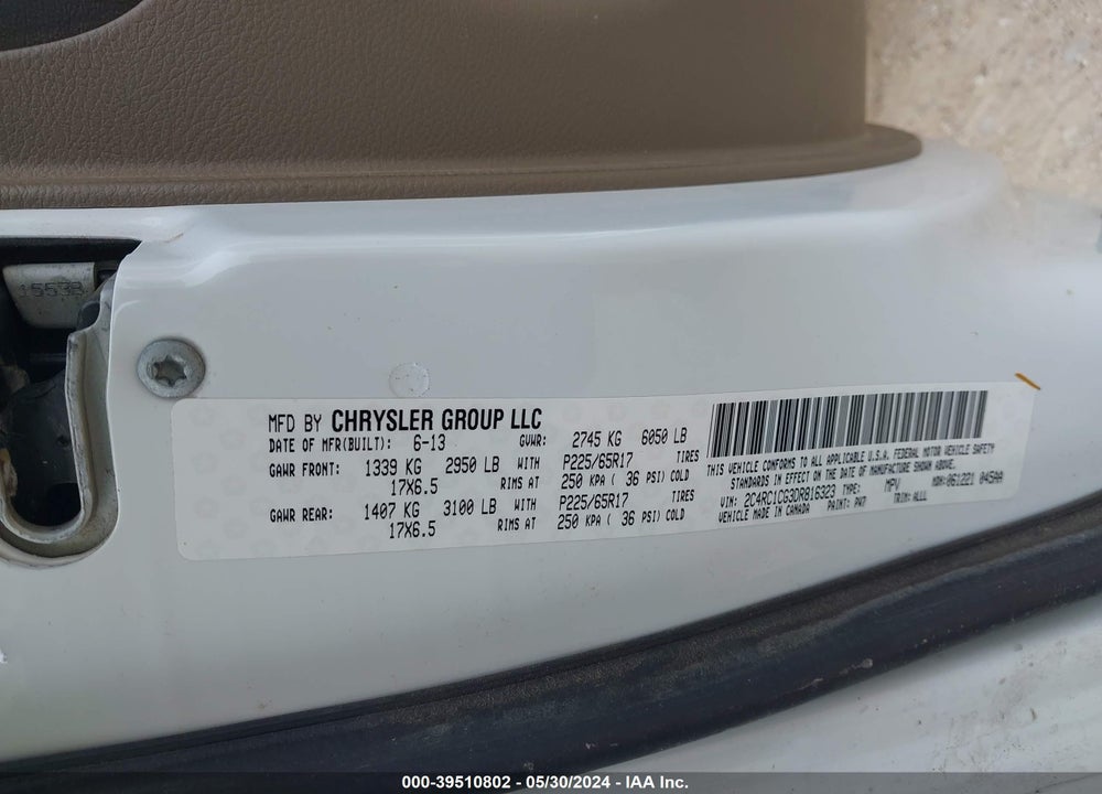 2013 CHRYSLER TOWN & COUNTRY TOURING-L VIN: 2C4RC1CG3DR816323