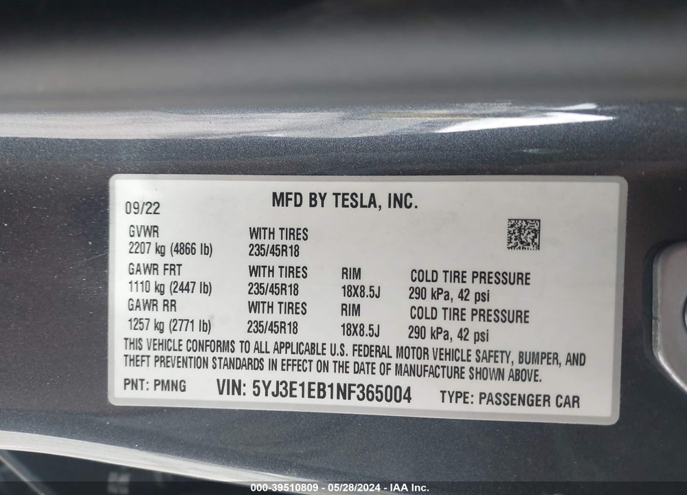 2022 TESLA MODEL 3 LONG RANGE DUAL MOTOR ALL-WHEEL DRIVE VIN: 5YJ3E1EB1NF365004