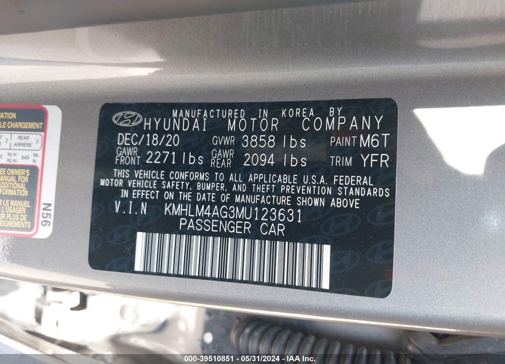 2021 HYUNDAI ELANTRA SEL VIN: KMHLM4AG3MU123631