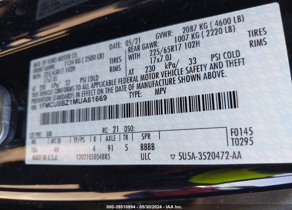 2021 FORD ESCAPE SE HYBRID VIN: 1FMCU0BZ1MUA61669