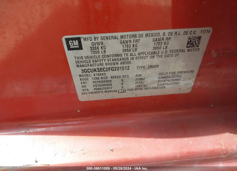 2015 CHEVROLET SILVERADO 1500 1LZ VIN: 3GCUKSEC2FG201512