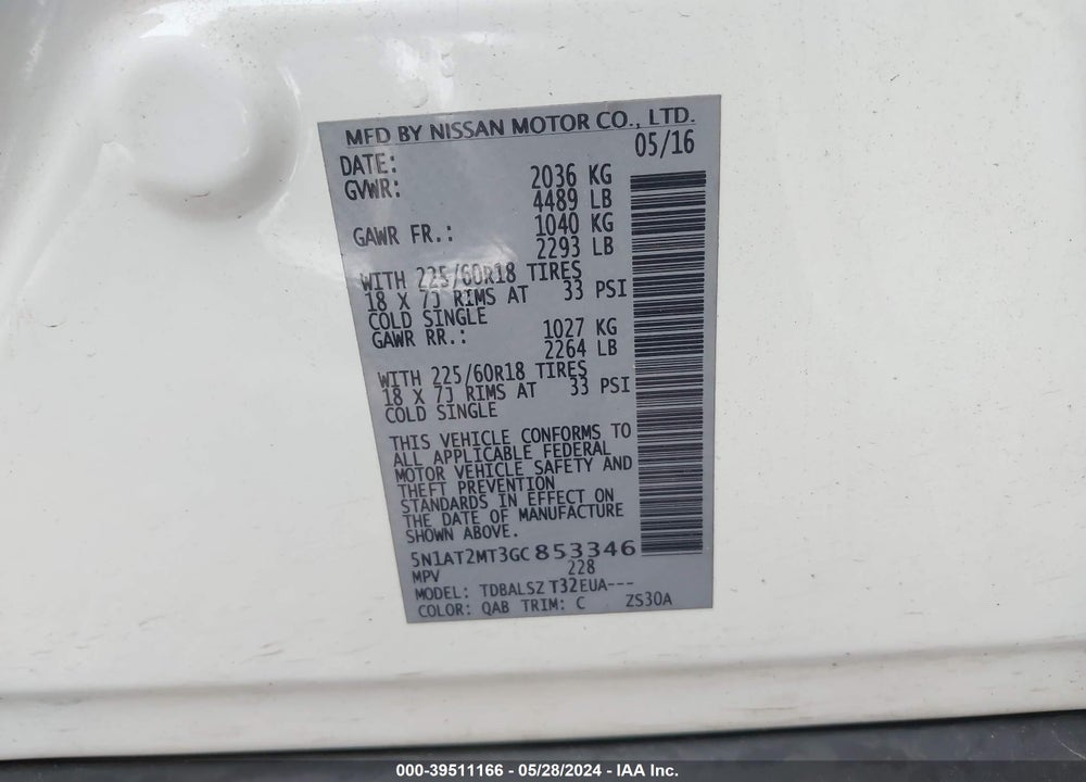 2016 NISSAN ROGUE SL VIN: 5N1AT2MT3GC853346