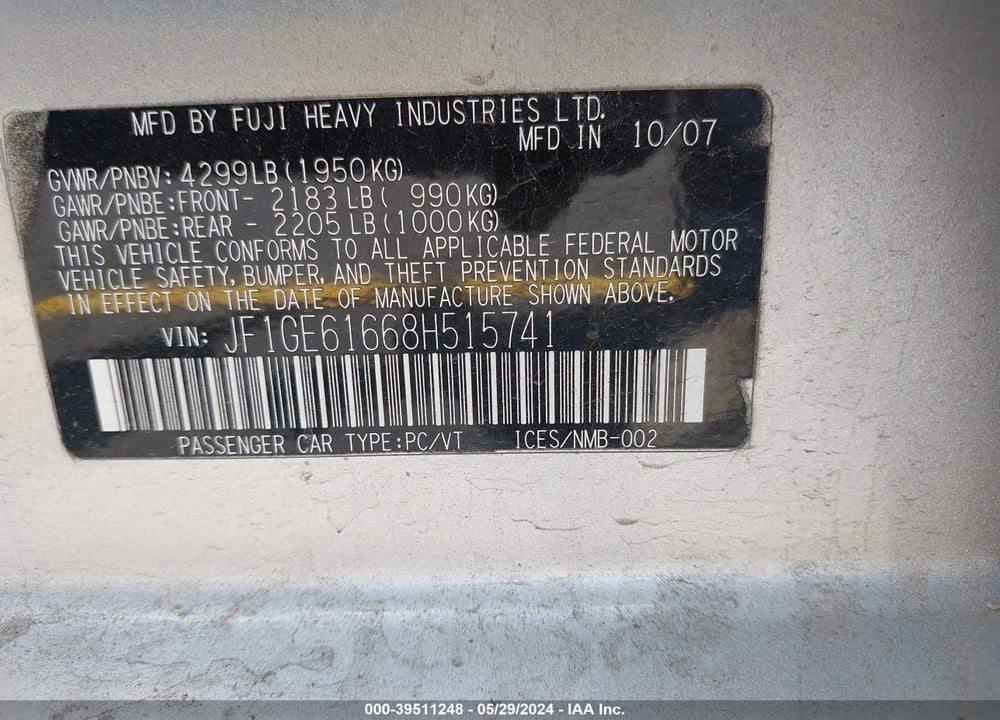2008 SUBARU IMPREZA 2.5I VIN: JF1GE61668H515741